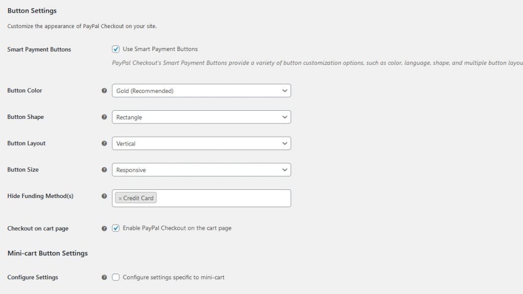 woocommerce paypal - button settings