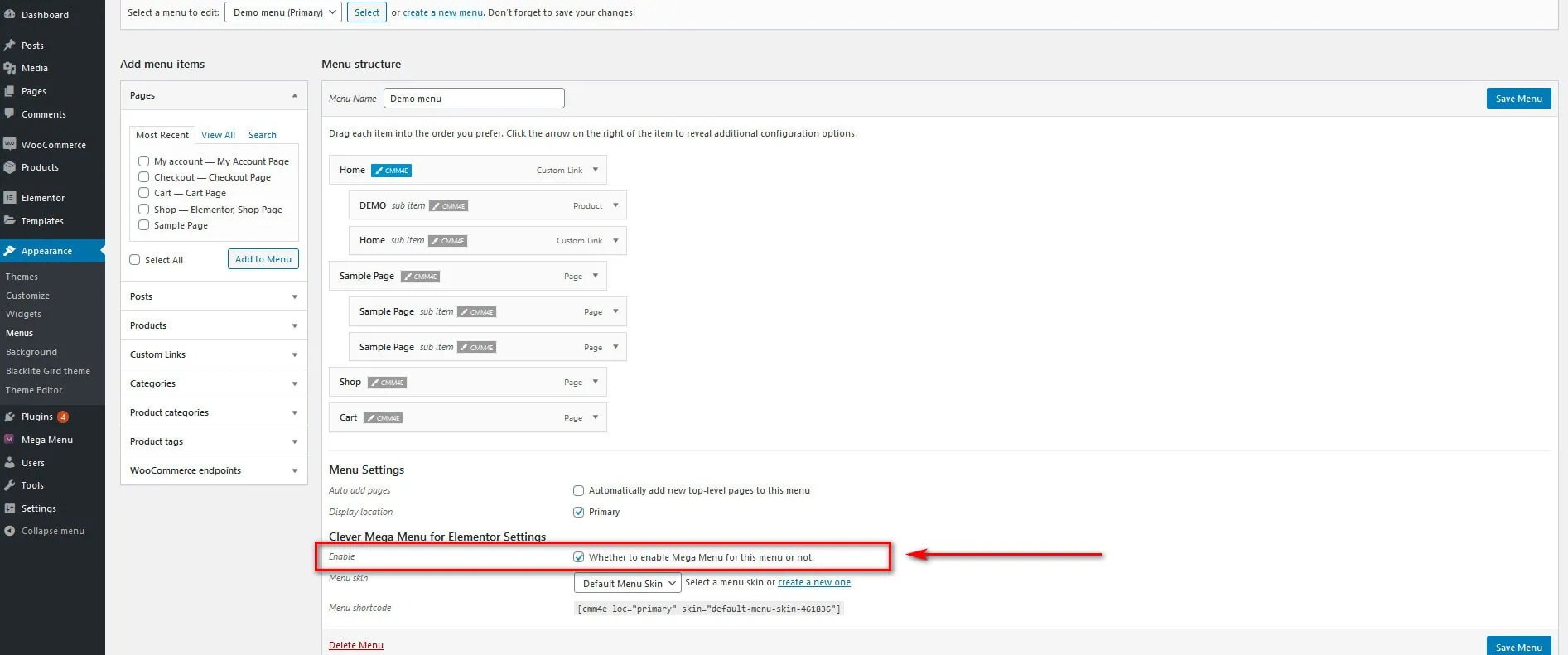 Clever mega menu for elementor - enable