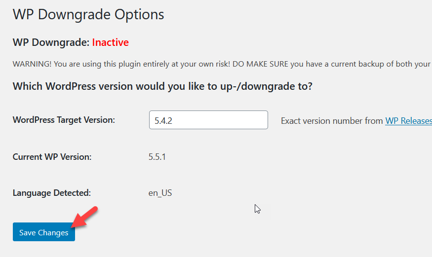 downgrade wordpress version