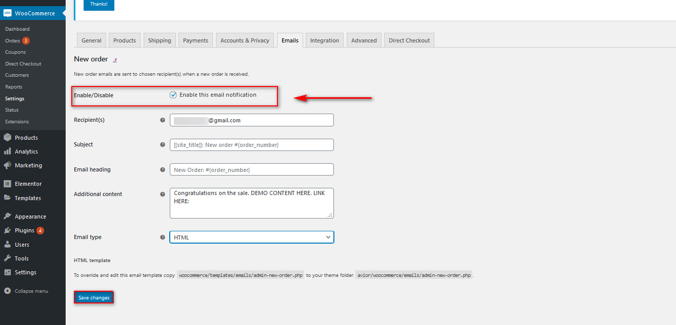 woocommerce not sending emails - enable this notification