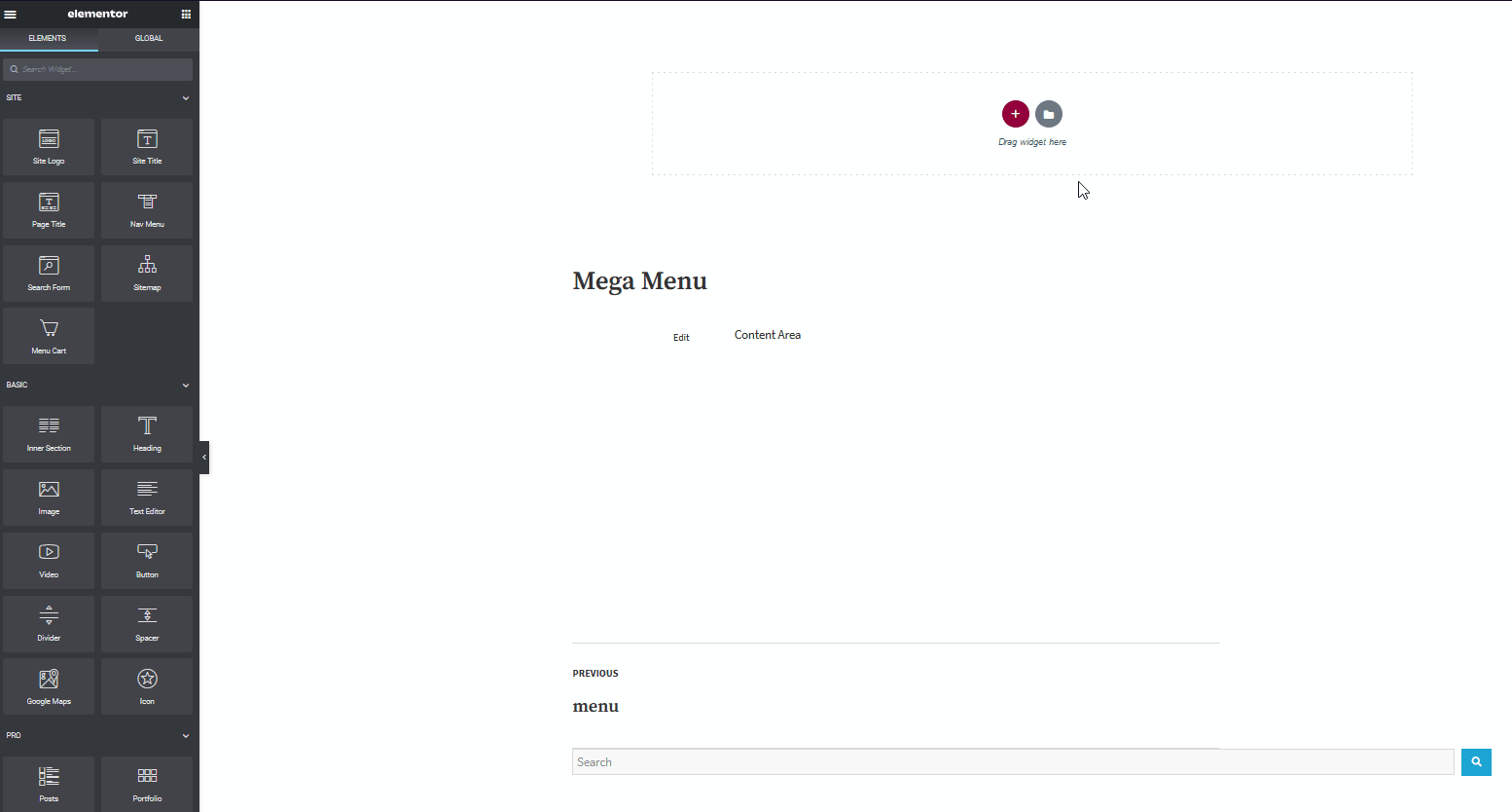 create mega menu with elementor - add new section
