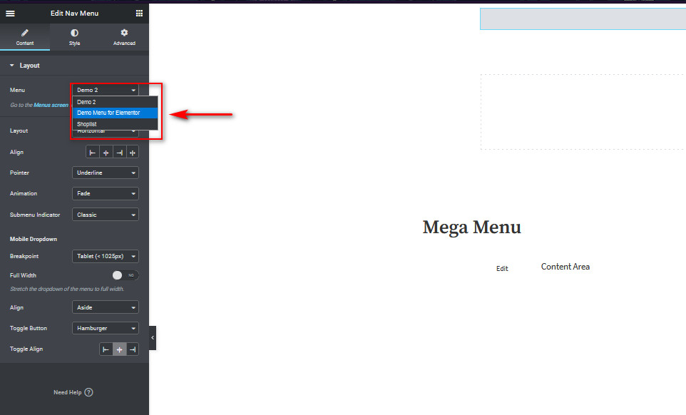 create mega menu with elementor - choose menu