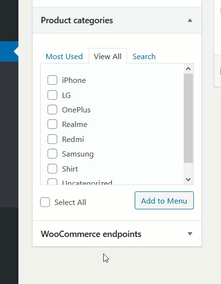 add WooCommerce product categories to menu -add every categores