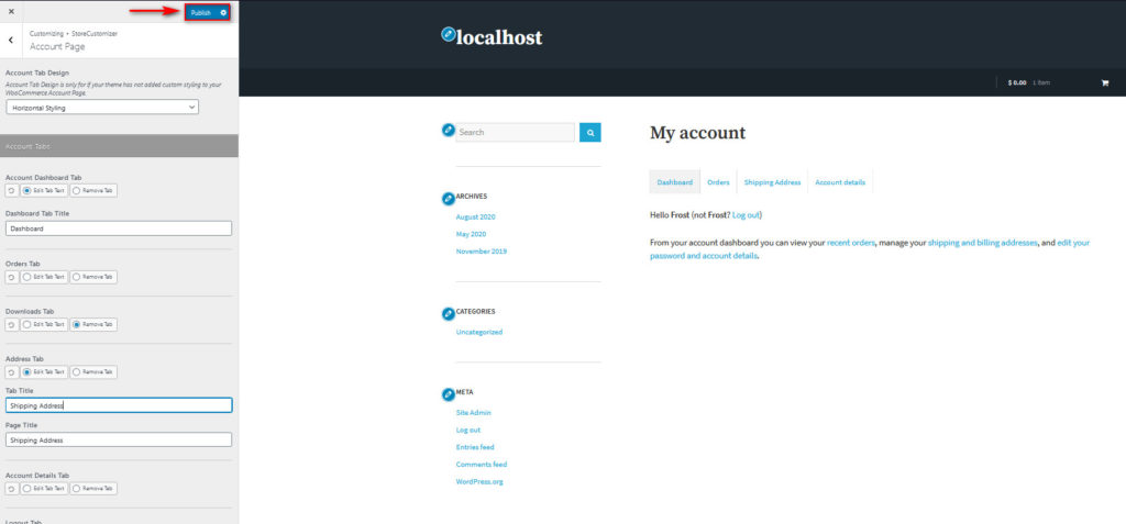 customize my account page woocommerce - publish