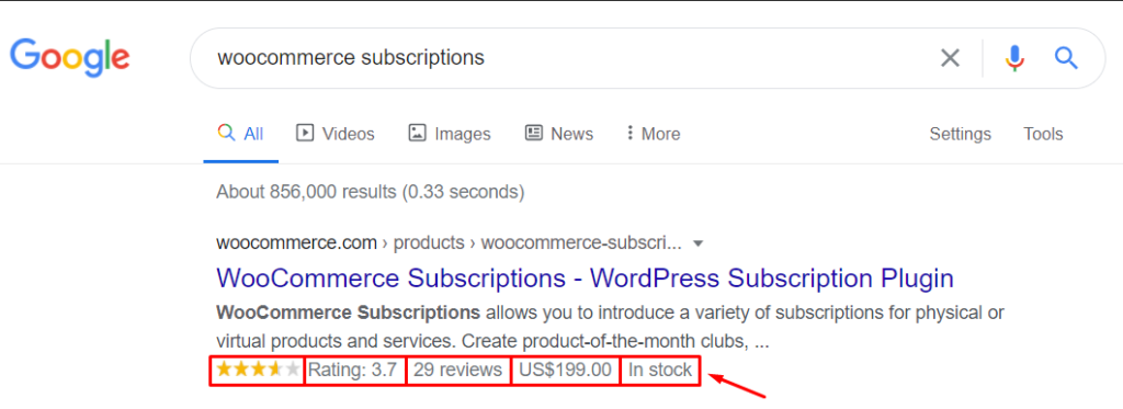 Hide WooCommerce product price from Google Search Result - Example