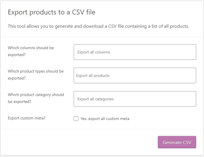 export woocommerce products all products export