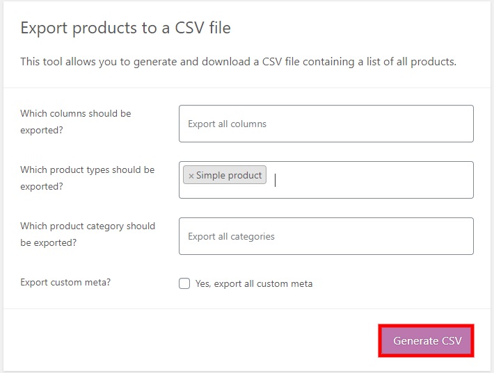 generate csv export woocommerce products
