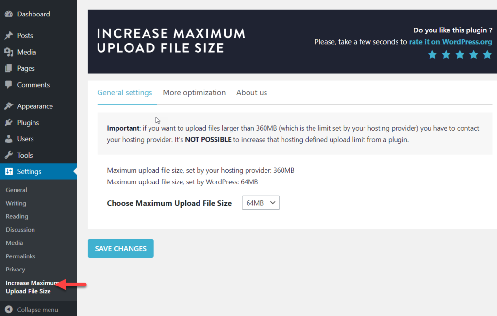 increase maximum file upload limit plugin settings