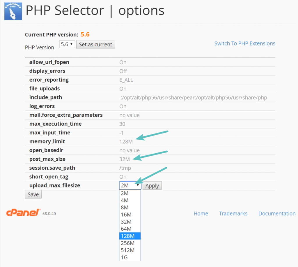 increase maximum file upload limit - php selector