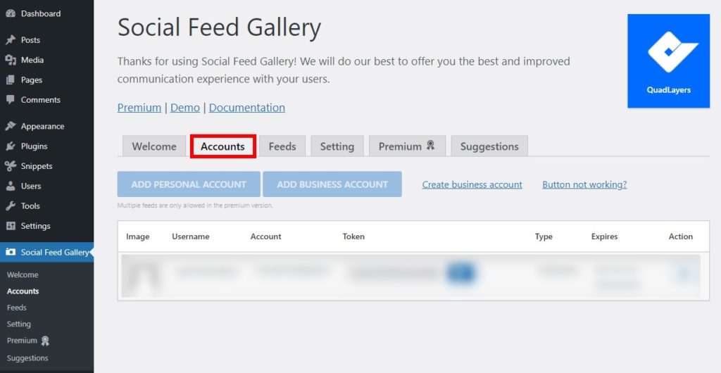 social feed gallery account change footer in storefront