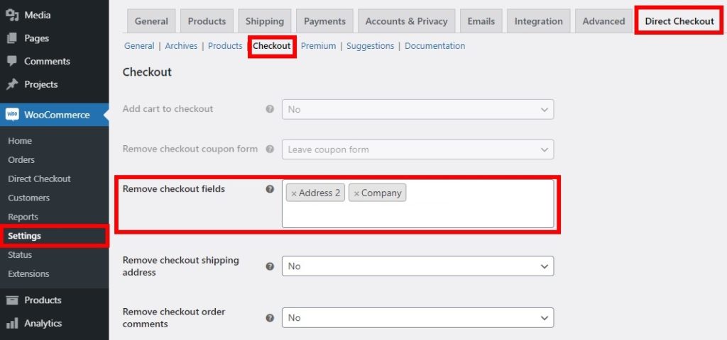 direct checkout remove fields test woocommerce orders