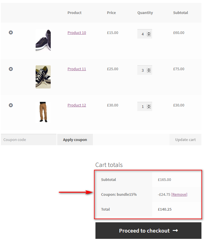 product bundles in WooCommerce - coupon cart total