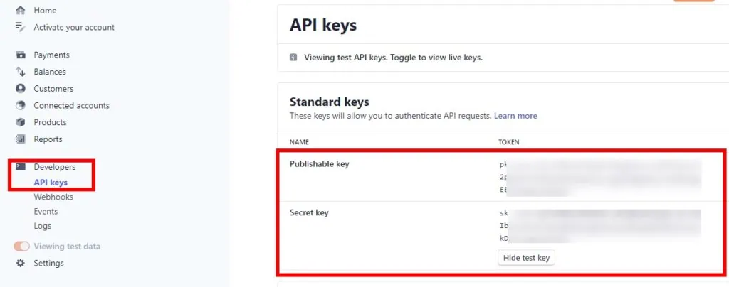 stripe api keys test woocommerce orders