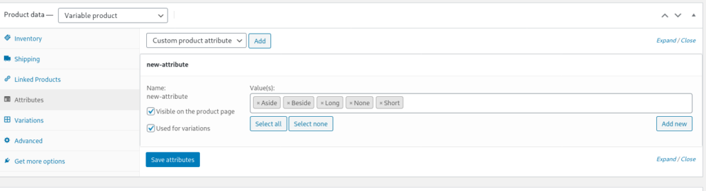 attributes will now be also available for setting product variations,
