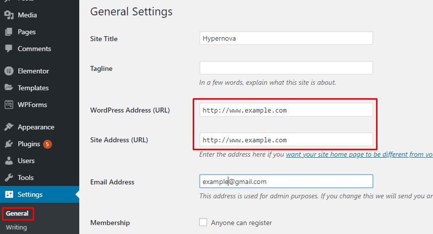 Check site URL and WordPress Address URL in WordPress