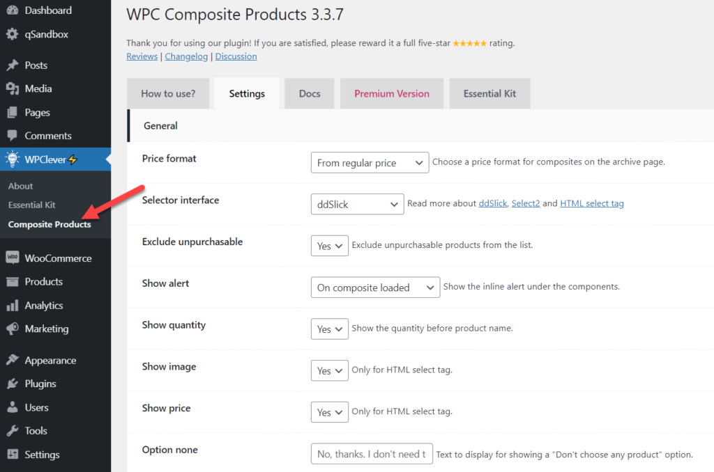 woocommerce composite products - plugin settings