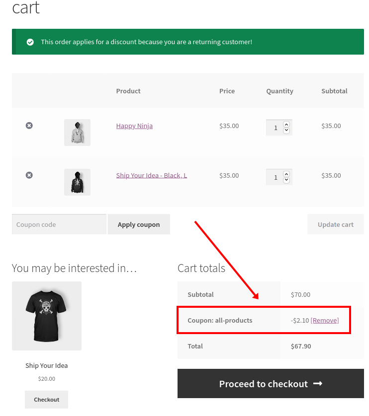 Apply WooCommerce coupons automatically - Coupon for returning customers