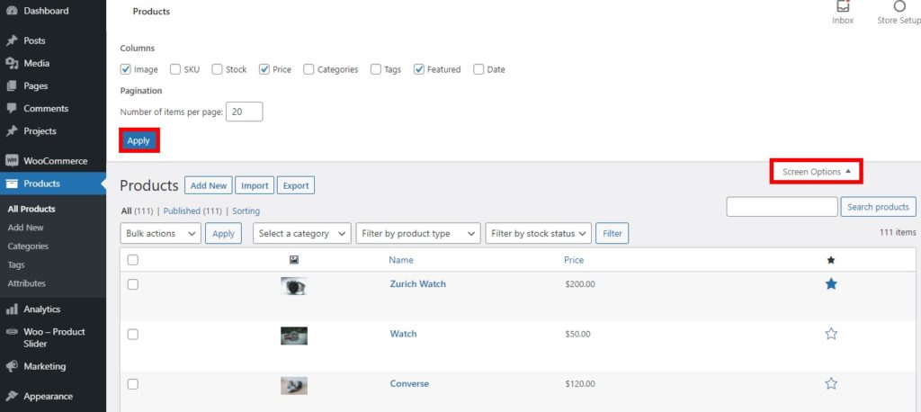 note screen options set featured products in woocommerce