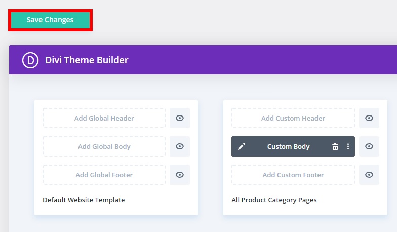 theme builder save changes customize woocommerce category page