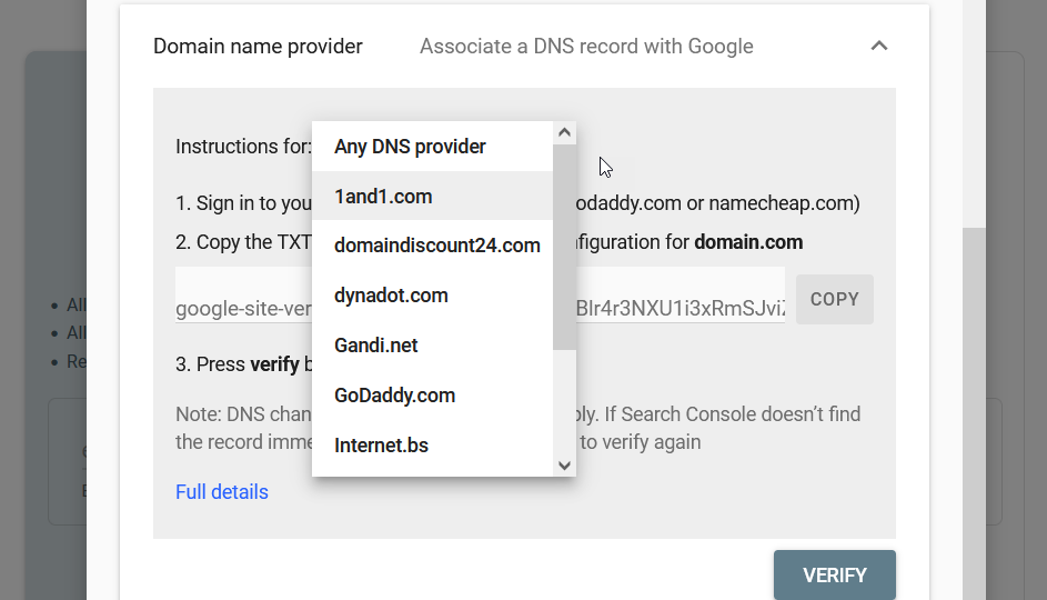 add WordPress site to Google Search Console - domain name providers