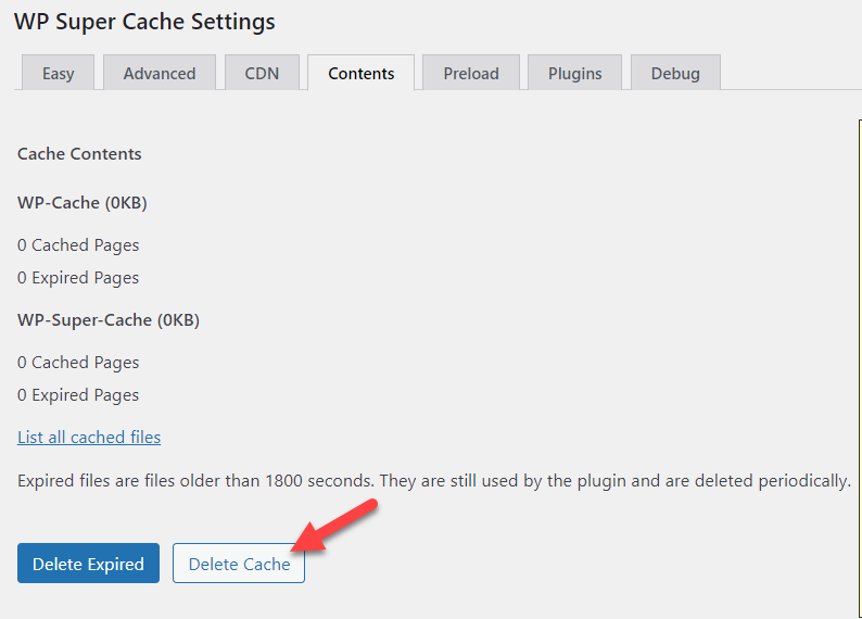 delete wp super cache cache files