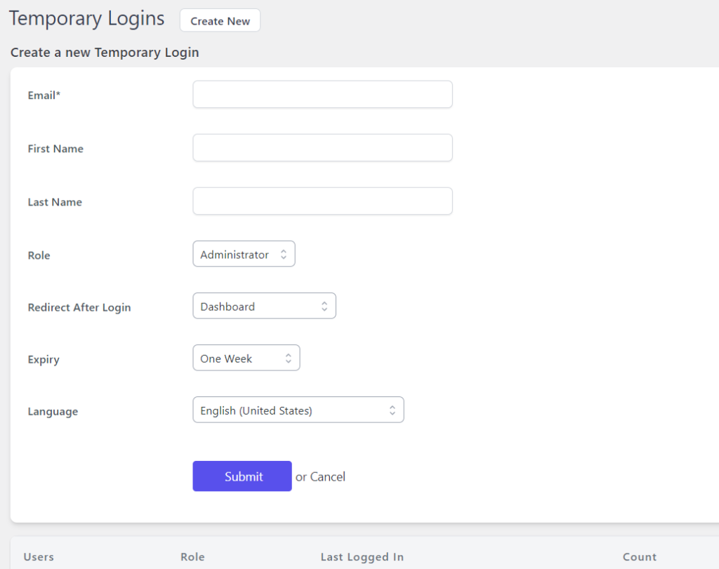 create temporary login settings