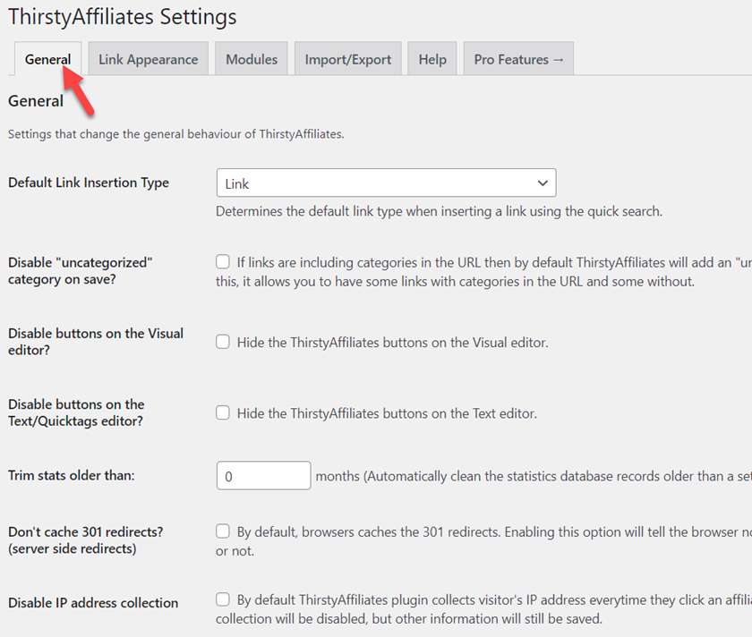 cloak affiliate links in WordPress - general settings