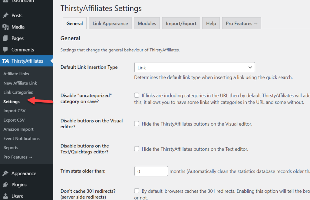 cloak affiliate links in WordPress - thirstyaffiliates plugin settings