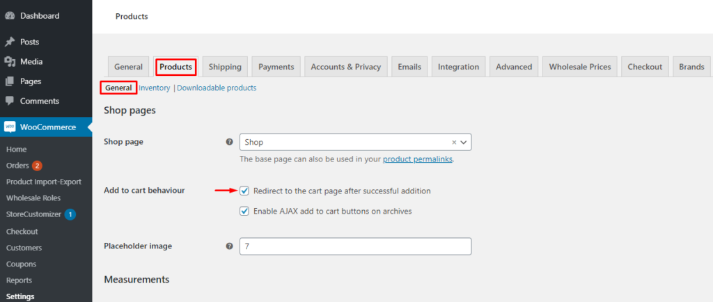 Enable redirect to cart page in woocommerce