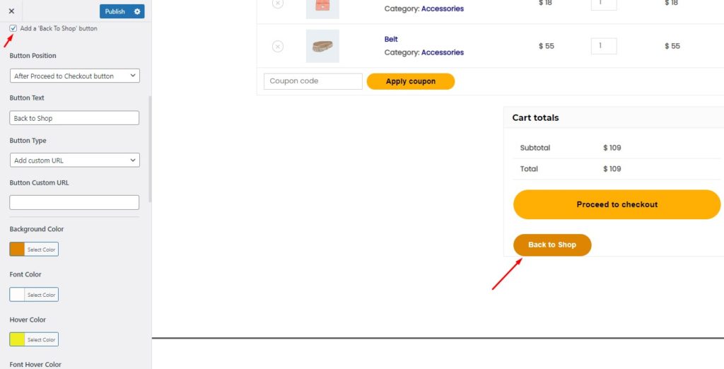 Add a back to shop button on cart page