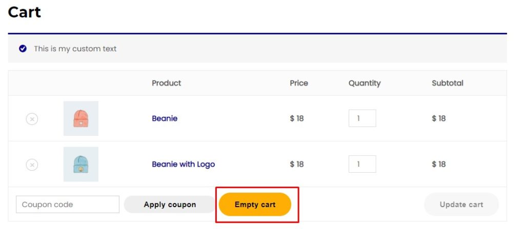 Add and empty cart button to cart page