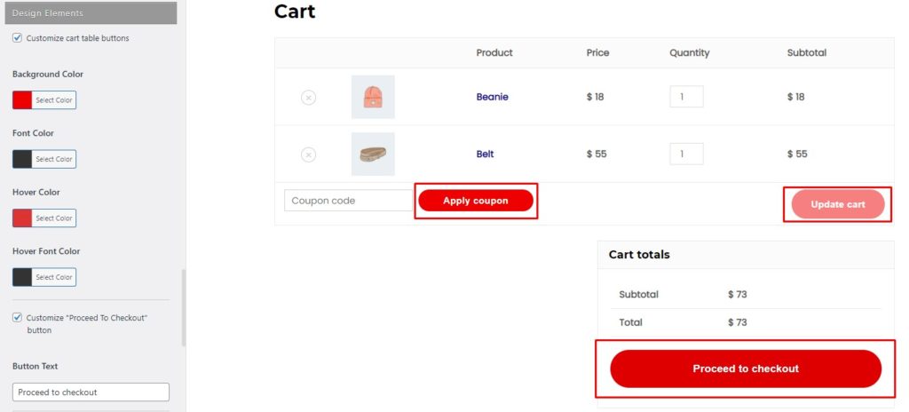 Customize cart table buttons and proceed to checkout text