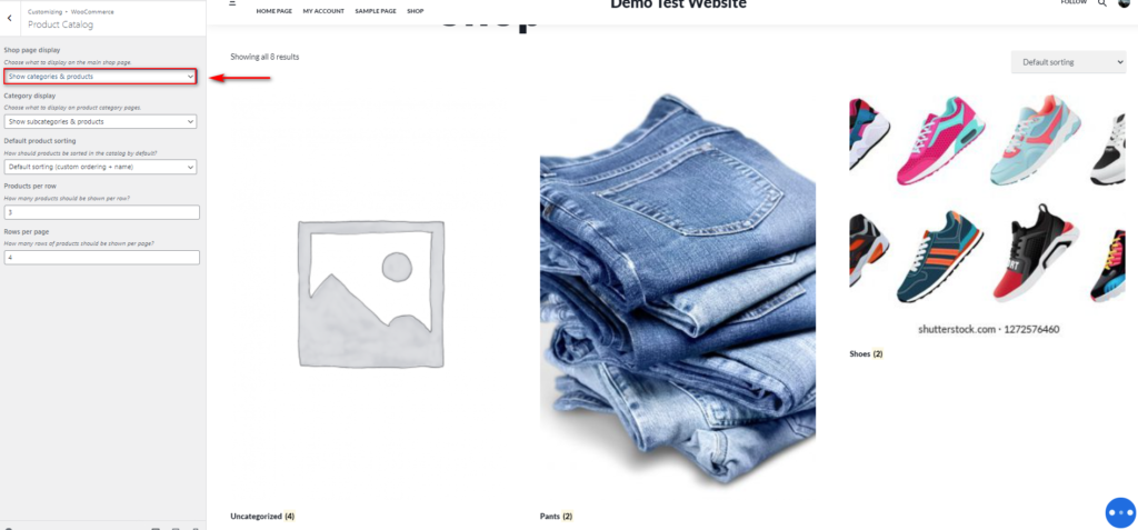 show categories on woocommerce shop page - WC dashboard show categories and products