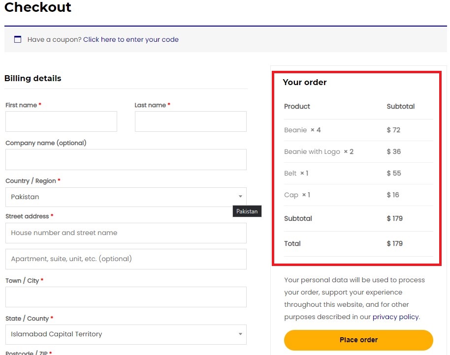 Default WooCommerce Checkout Page