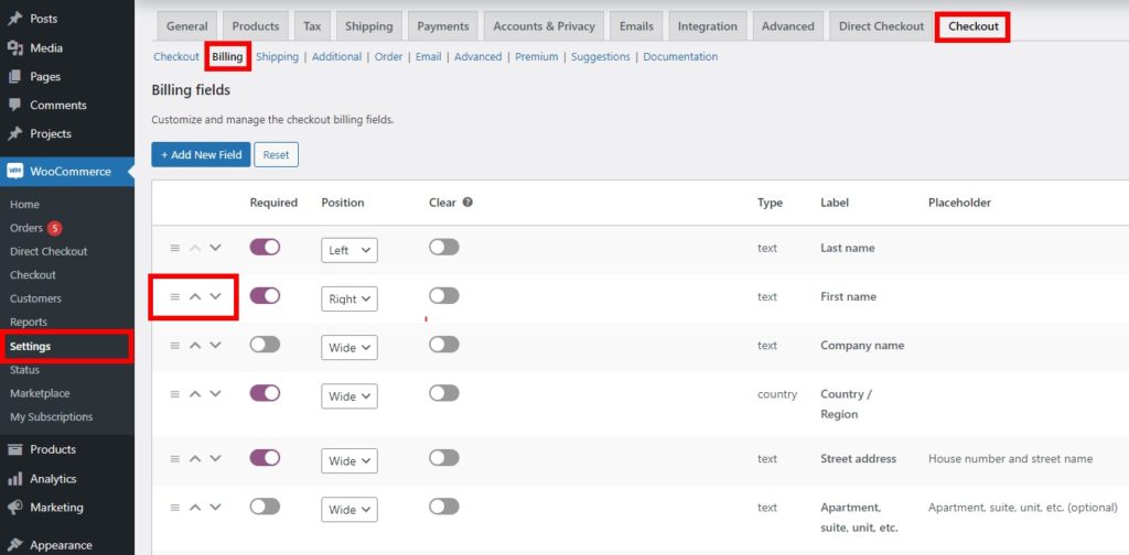 checkout billing reorder woocommerce checkout fields
