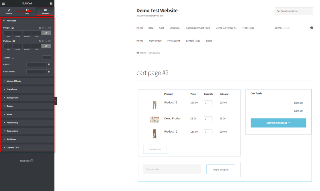 customize woocommerce cart page elementor- advanced tab