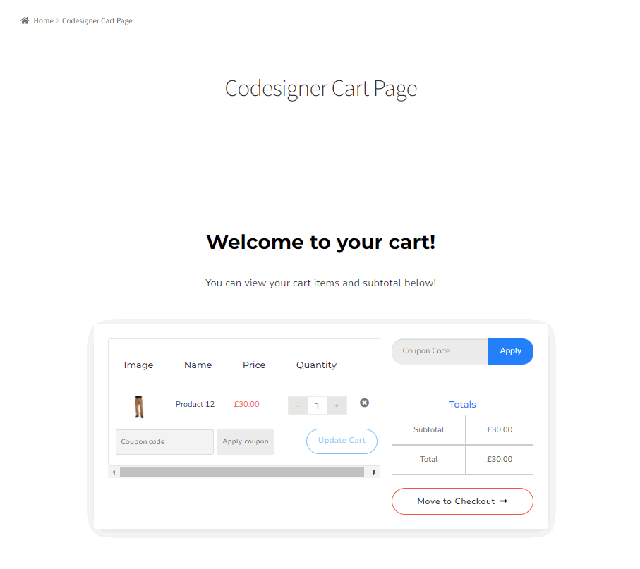 customize woocommerce cart page elementor- codesigner cart page demo