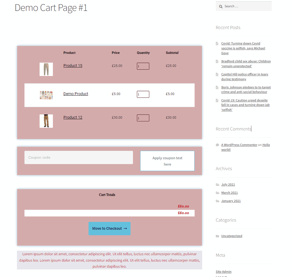 customize woocommerce cart page elementor- demo cart page 1