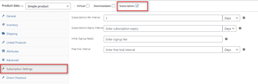 add woocommerce subscription product - subscription settings