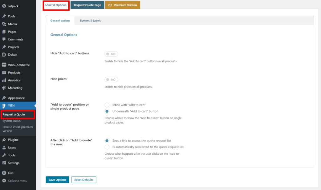 general options add woocommerce request a quote button