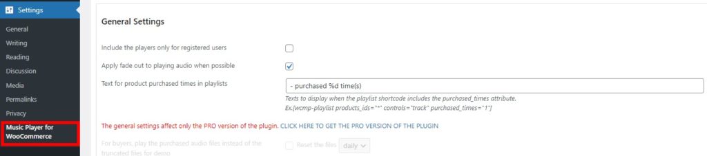 general settings add audio player to woocommerce