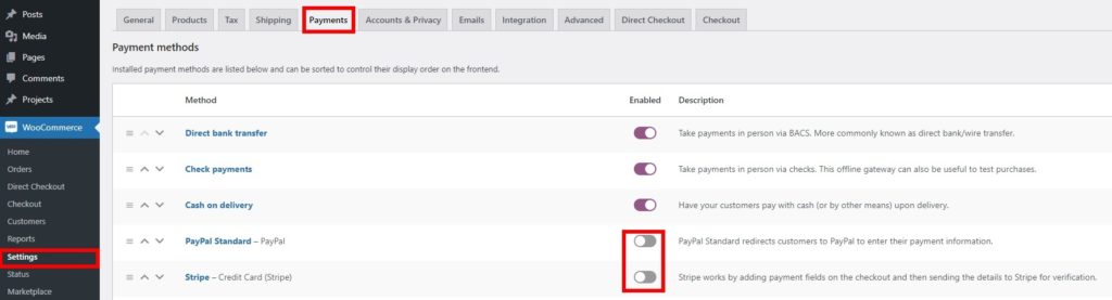 paypal stripe disable payment methods in woocommerce