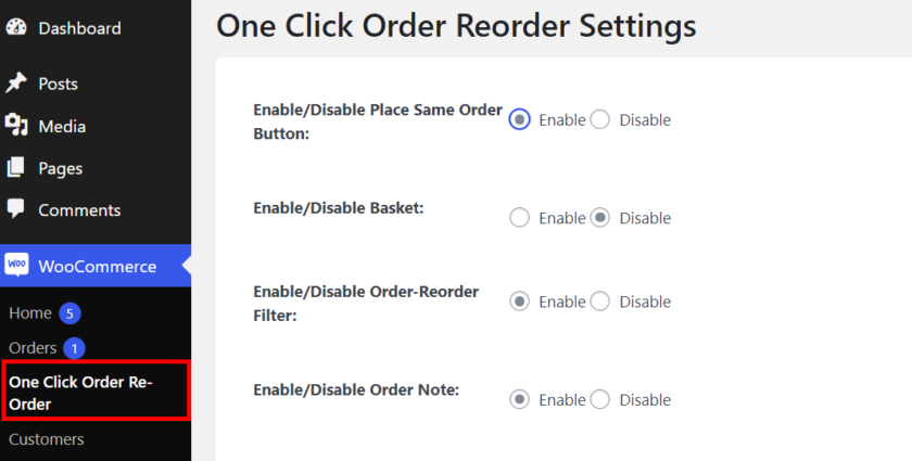 configure one click order reorder plugin settings