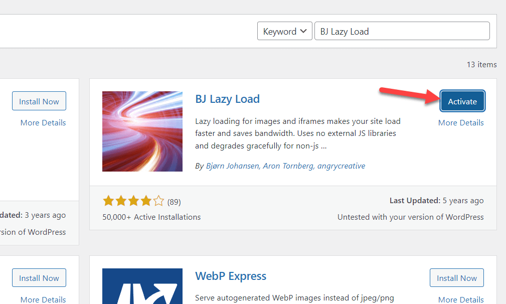 activate bj lazy load - lazy load images in wordpress