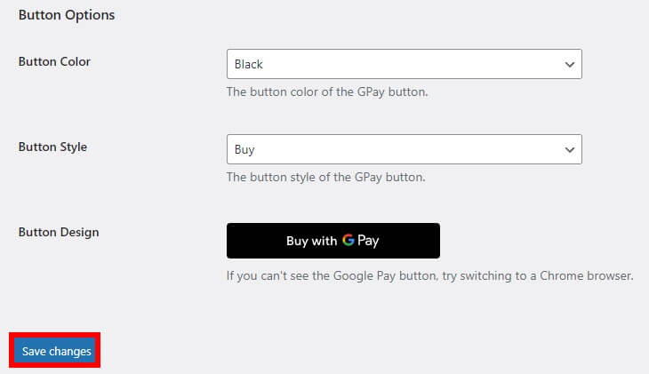button options set up Google Pay on WooCommerce