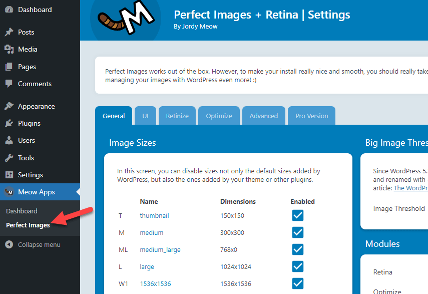 perfect image dashboard settings