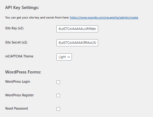 API key settings - add CAPTCHA to WooCommerce checkout