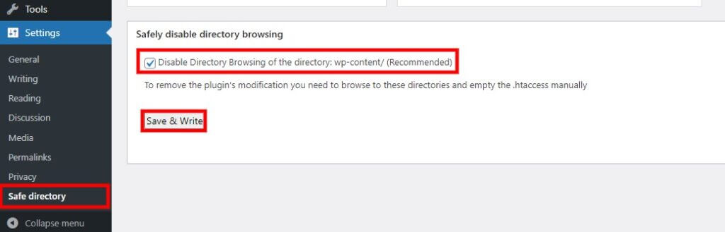 plugin settings disable directory browsing in wordpress
