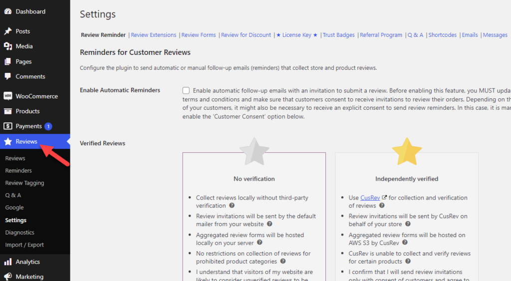 customer reviews settings