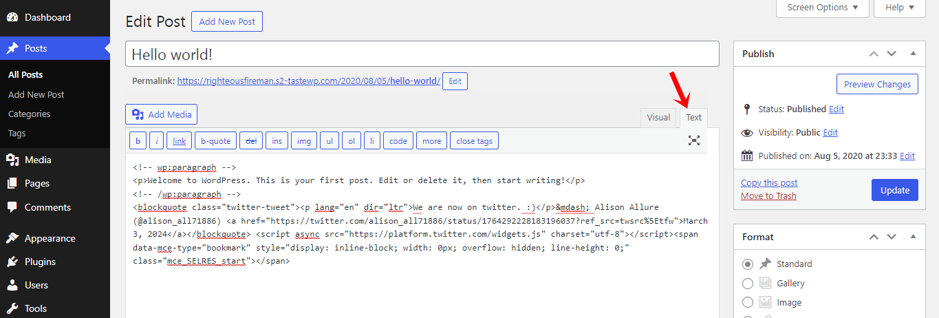 paste twitter post embed code